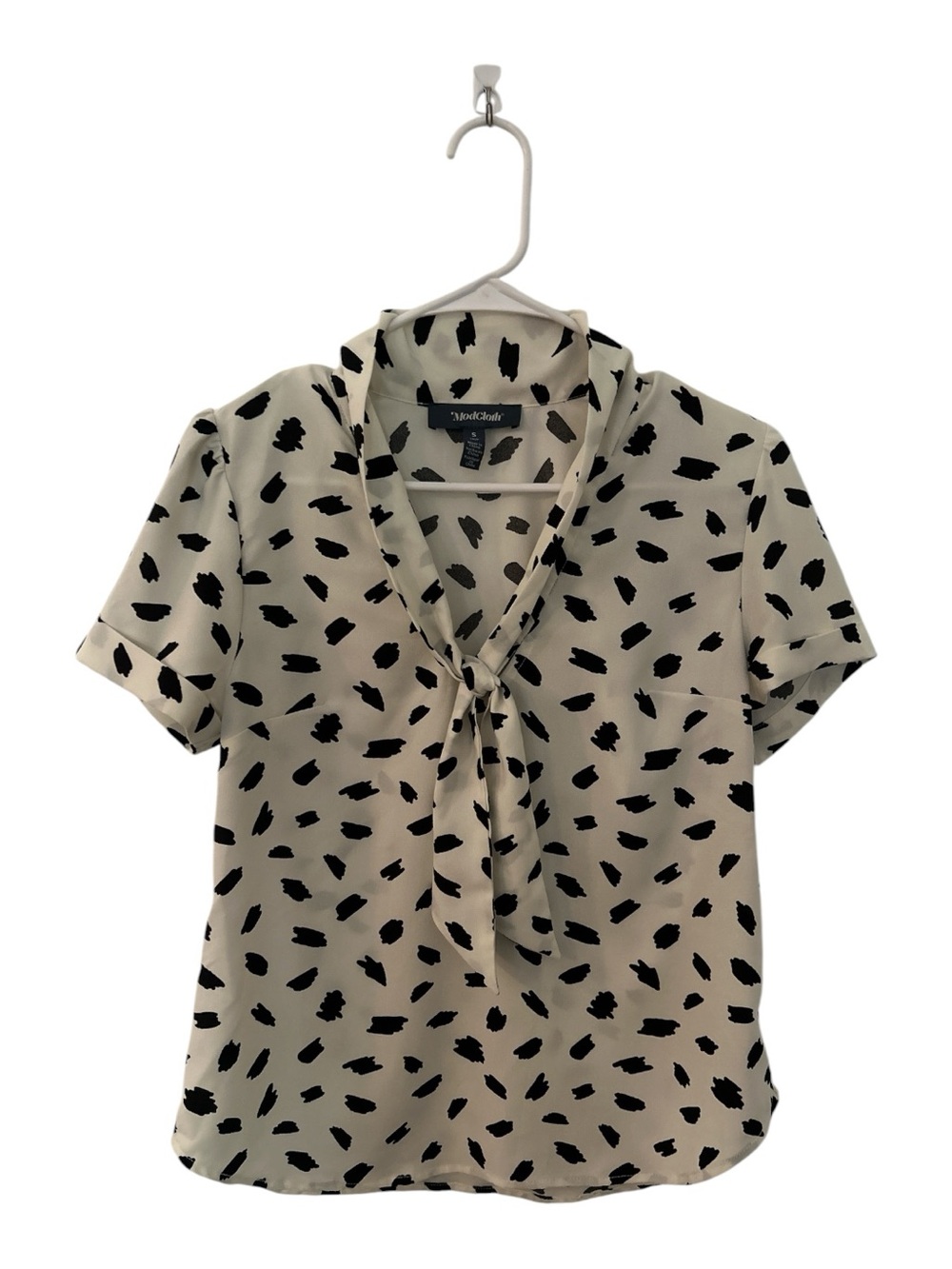 ModCloth Cream Tie-Neck Blouse with Black Spot Motif